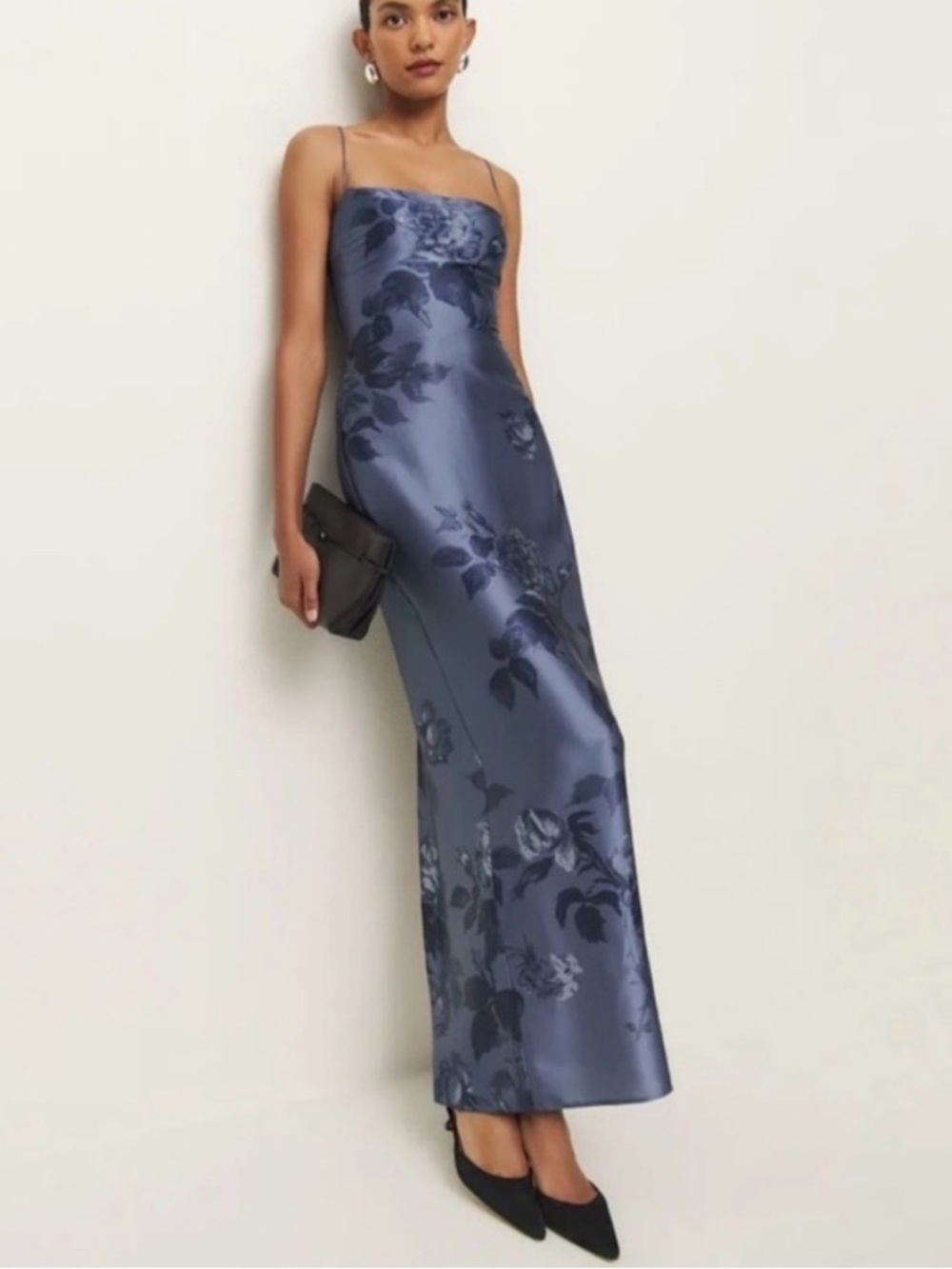Reformation Frankie Satin Floral Slip Dress in Steel Blue